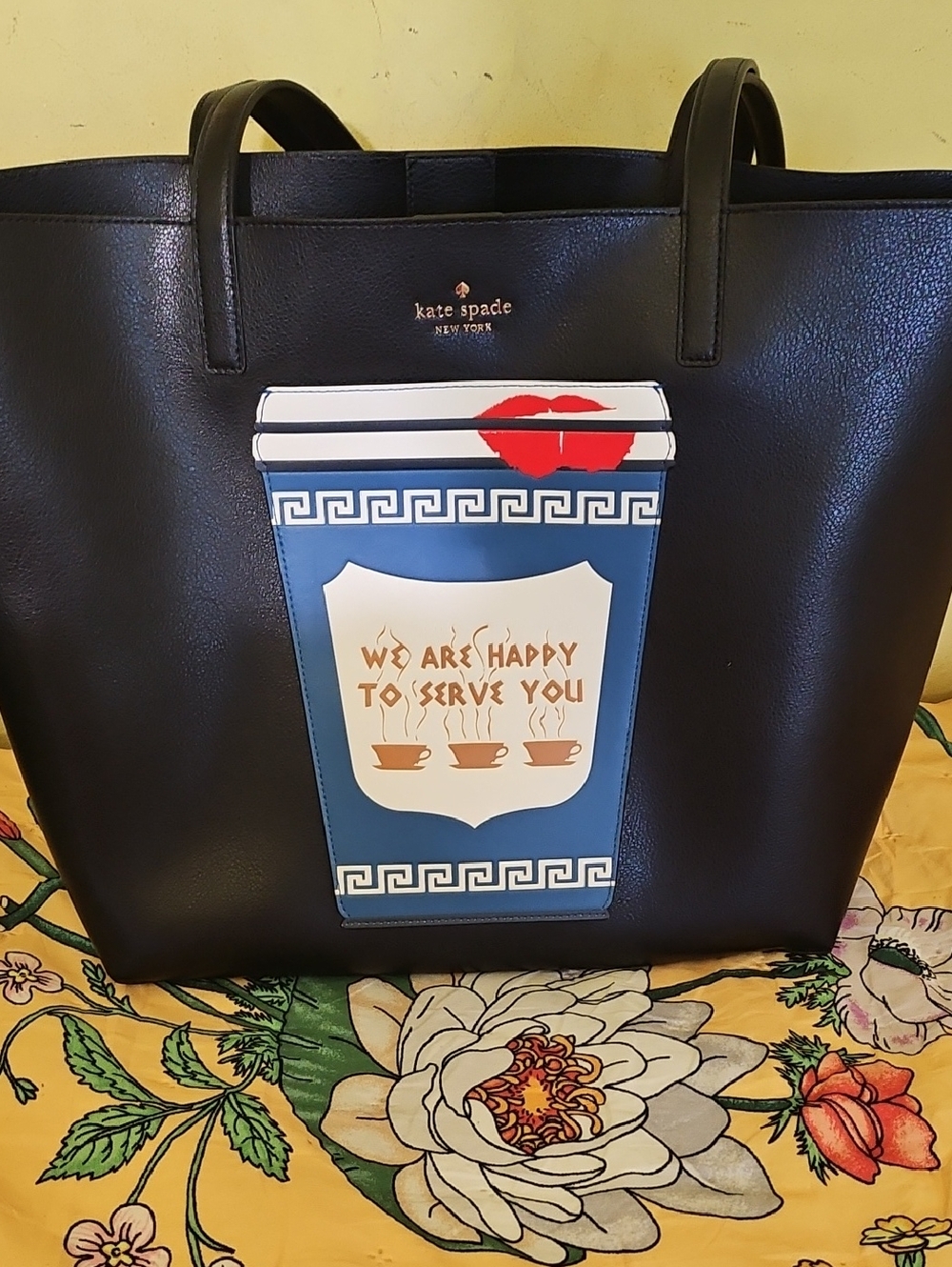 kate spade Black Leather Tote with Blue Coffee Cup Graphic and Red Kiss.